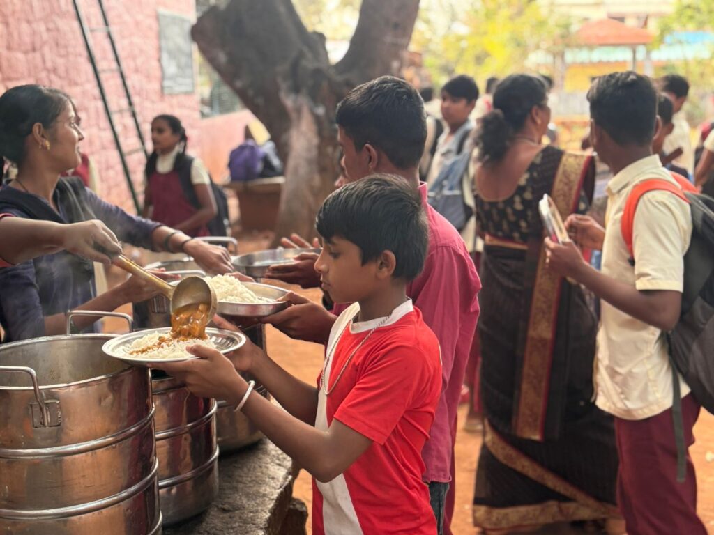 Thanks to the Midday Meal program of Tempeh Today, these children enjoy healthy, protein-rich lunches every school day.